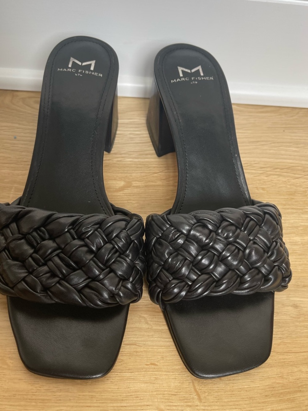 Marc Fisher Black Braided Leather Mule Sandals